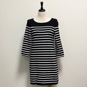 Talbots Black Ivory Stripe Knit 3/4 Sleeve A Line Dress Medium EUC Knee Length